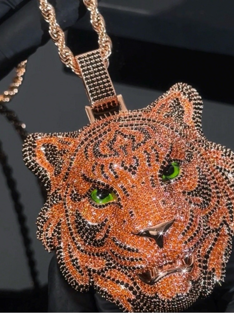 Rose Gold Tiger Head Pendant Necklace with Green Eyes